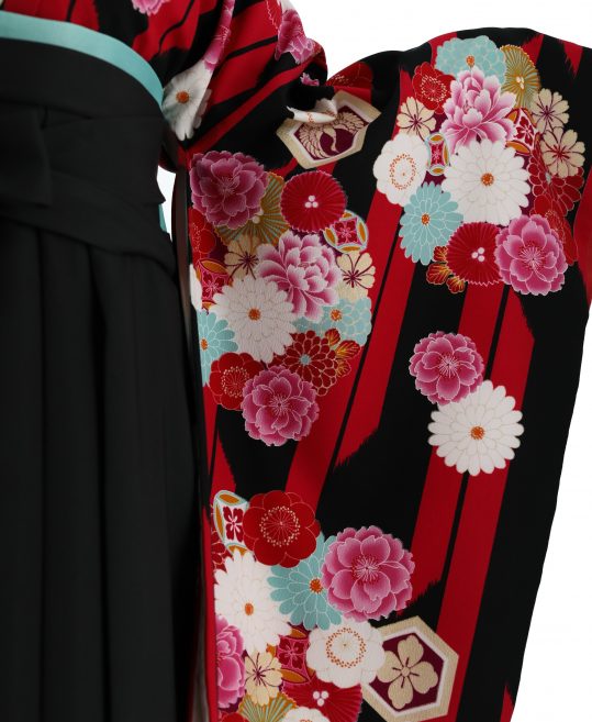 卒業式袴レンタルNo.671[KANSAI][人気柄]黒×ピンク矢絣・花の丸